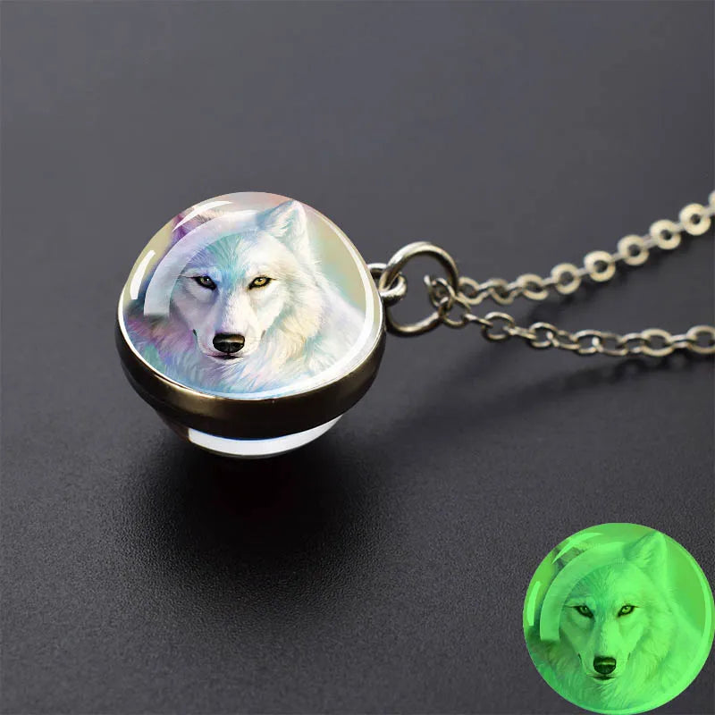 Glow in the Dark Wolf Necklaces Howling Wolf Head and Moon 2CM Glass Ball Pendant Double Sided