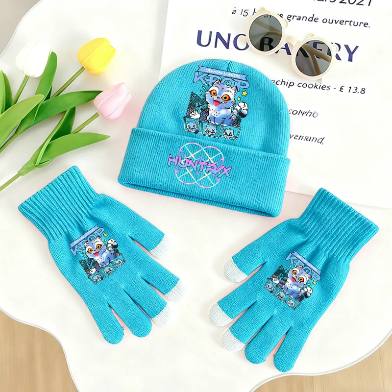 KPop Demon Hunters Knitted Hats Gloves 2pcs Set Huntrix Clothes Gifts