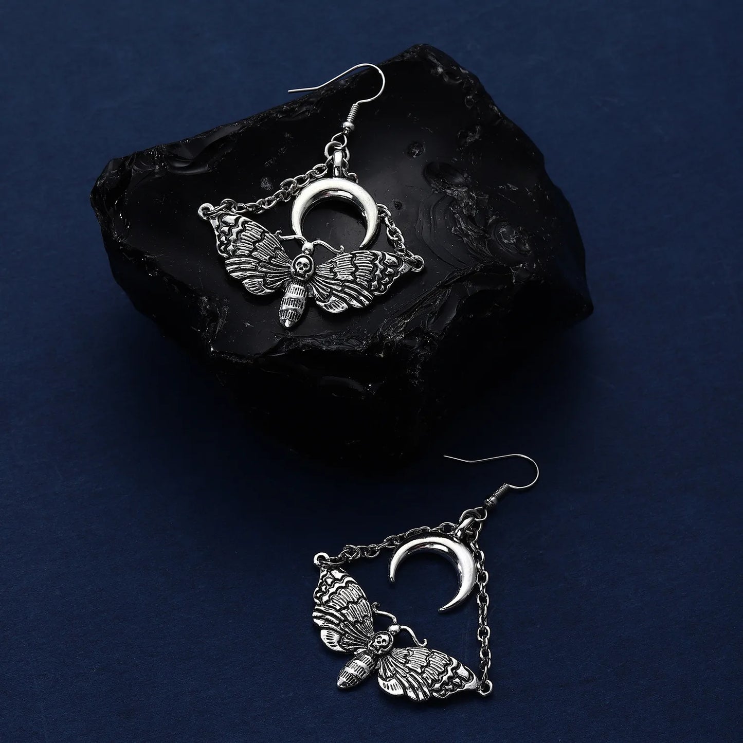 Gothic Skull Moth Hanging Moon Chain Earrings