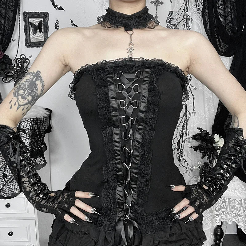 Black Lace Gothic Strapless Bustier Boobtube Corset Top Choker