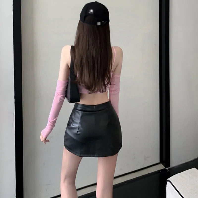 Sexy Black V Waist PU Leather Mini Skirt