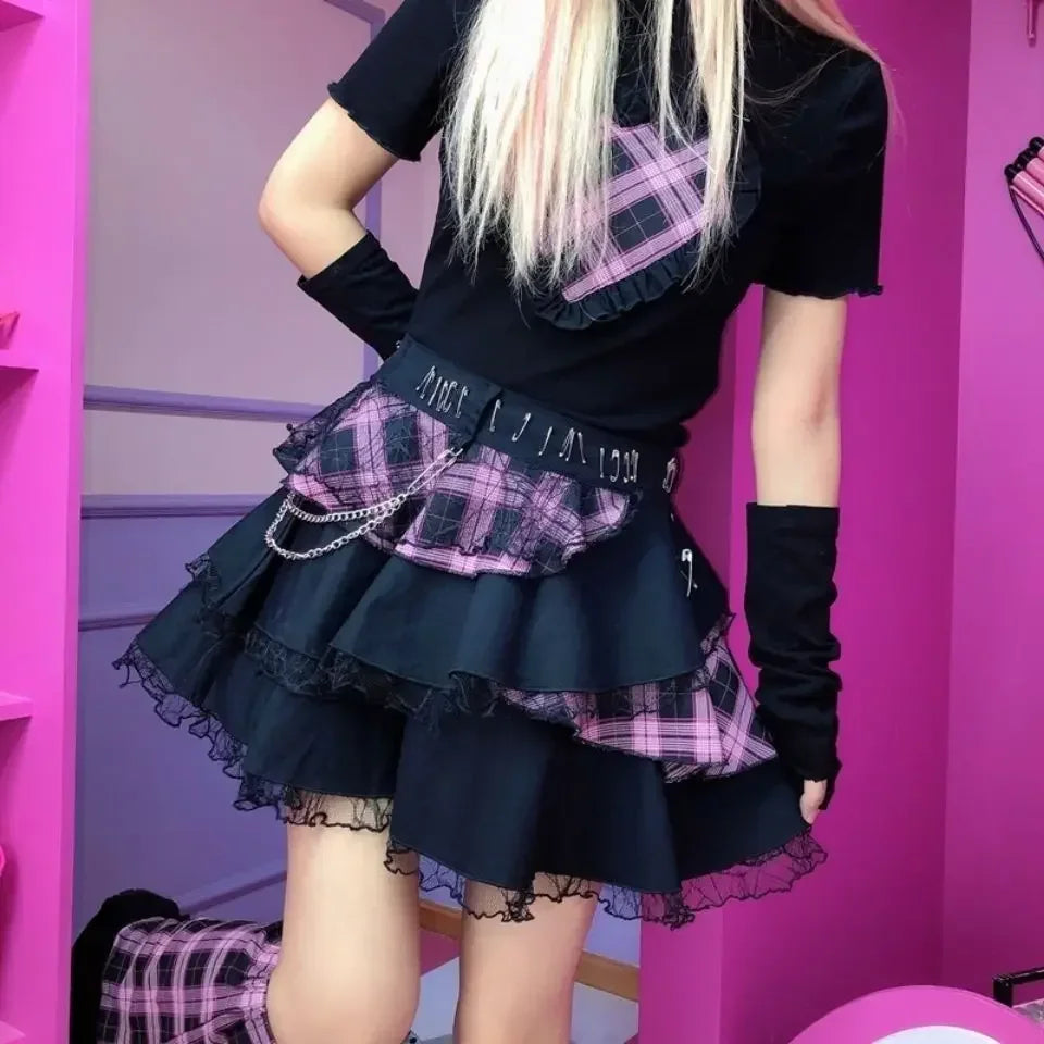 Cute Emo Black Pink Tartan Check Mini Skirt