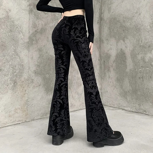 Gothic Floral Print Black Velvet Long Pants Bellbottom Bootcut Flares Trousers