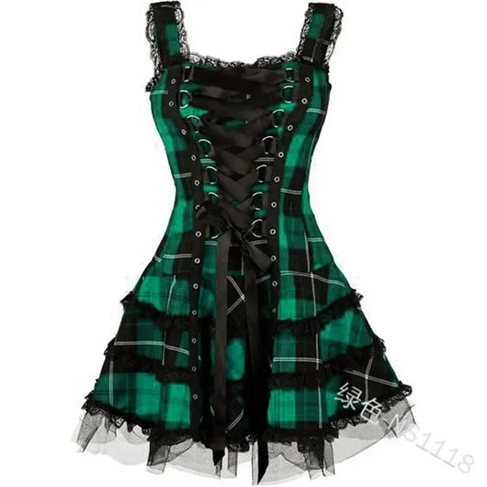 Lolita Gothic Punk Green Tartan Plaid Dress
