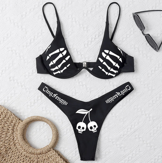 Sexy Gothic Black Strappy Bikini with Fun Cherry Skulls Skeleton Hand Print Swimwear