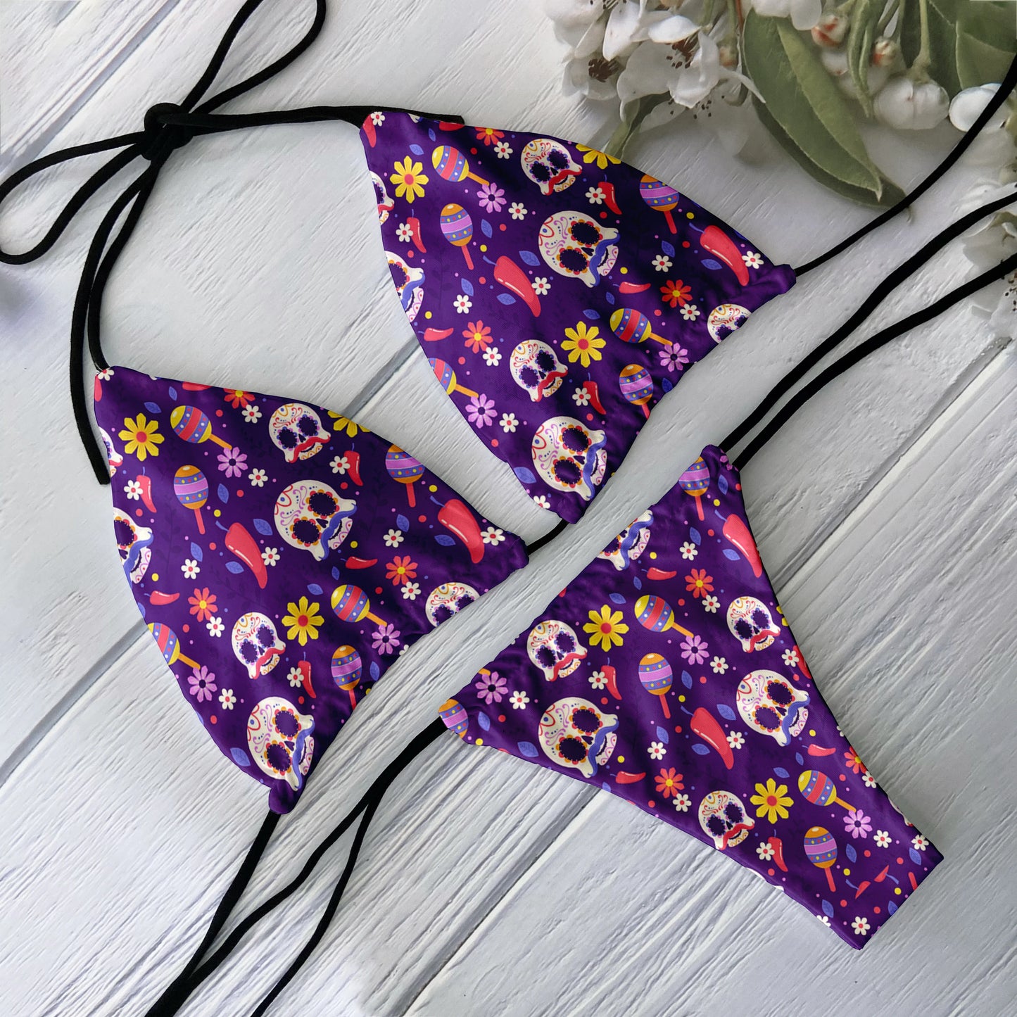 Sexy Gothic Skull Day of the Dead Print Purple Triangle Bikini Swimwear Swimsuit