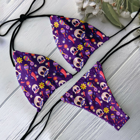 Sexy Gothic Skull Day of the Dead Print Purple Triangle Bikini Swimwear Swimsuit