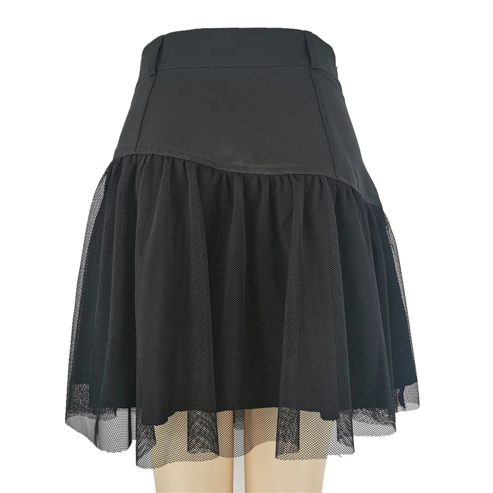 Black Punk Gothic Pleated Net Tulle Pockets Skirt