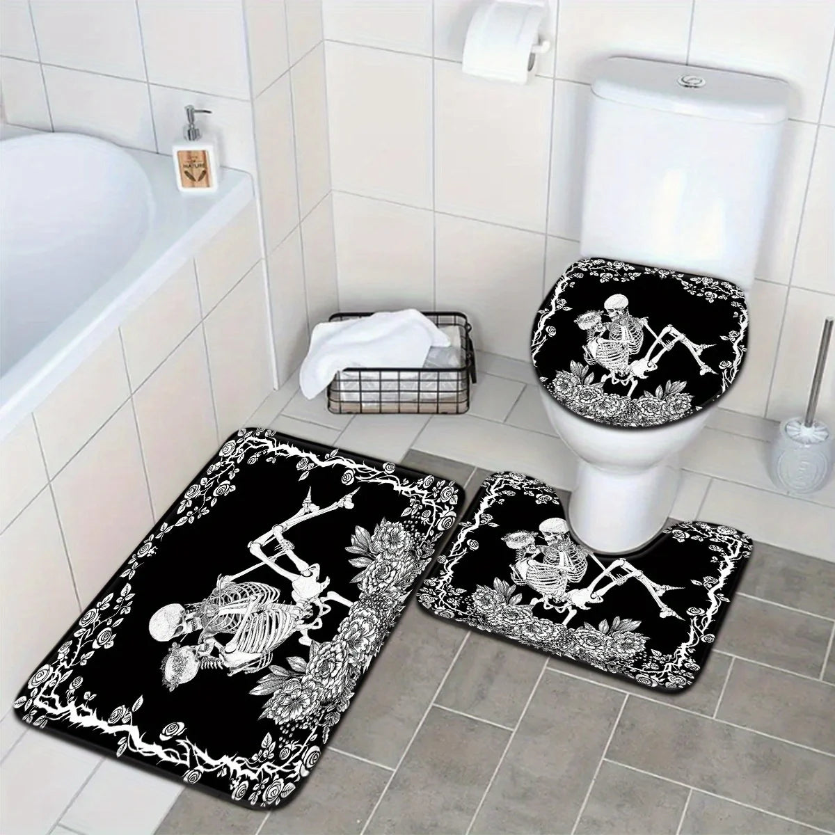 Gothic Skeleton Bathroom Set - Soft & Non-slip Contour Mat, Toilet Cover, Bathtub Mat