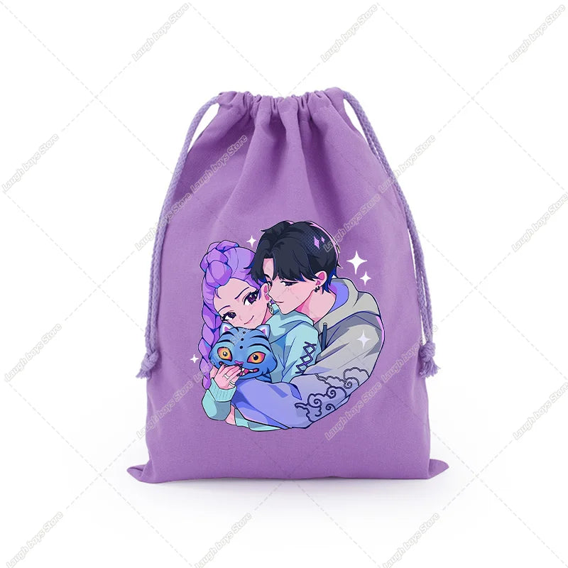 KPop Demon Hunters Merch Drawstring Purse Pouch Swim/PE Kit Swim Book Bag Huntrix Derpy Tiger Gift