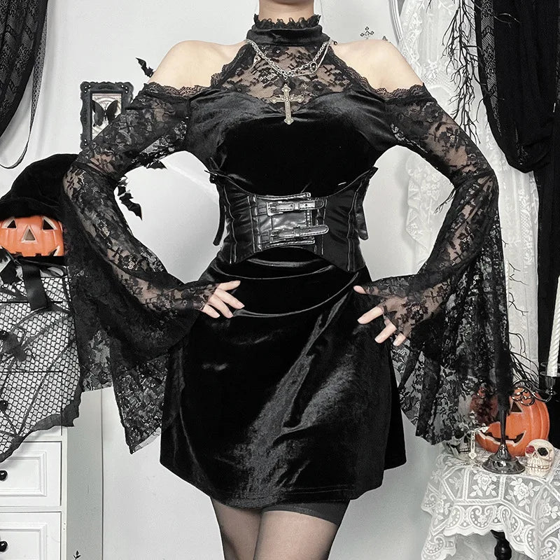 Sexy Black Gothic Velvet Lace Mini Dress