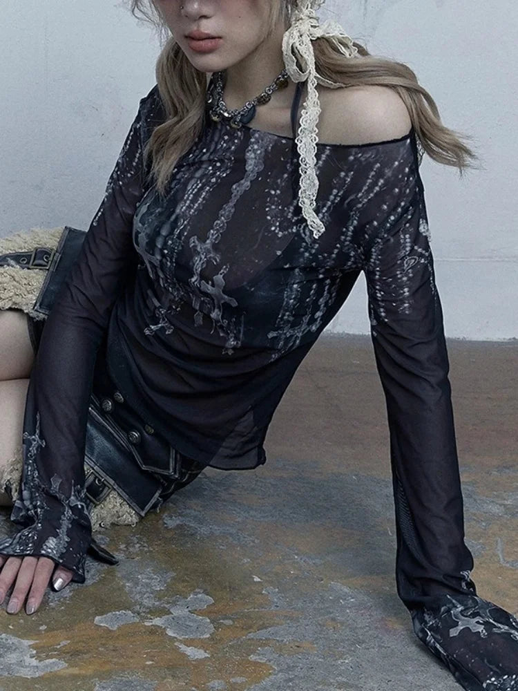 Alternative Gothic Print Sheer Long Sleeve Off Shoulder Black Top