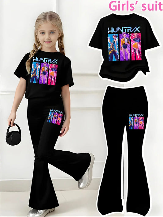 KPop Demon Hunters Clothes Huntrix Tshirt Girls' Casual Sports Outfit Bell-Bottom Pants Set