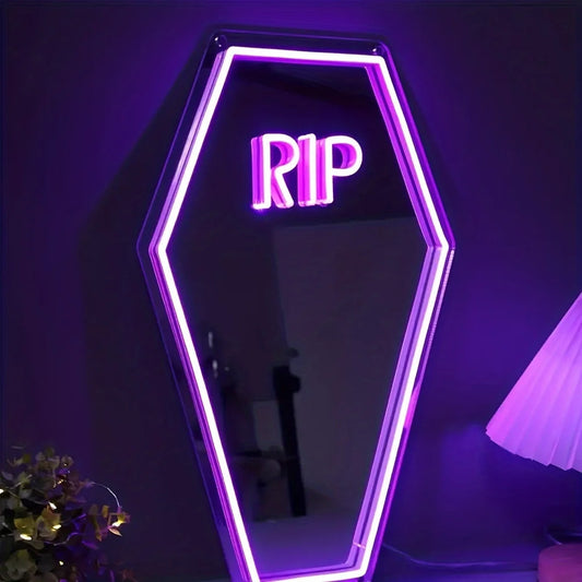 RIP Coffin Shaped Neon Sign Mirror - Gothic Home Decor