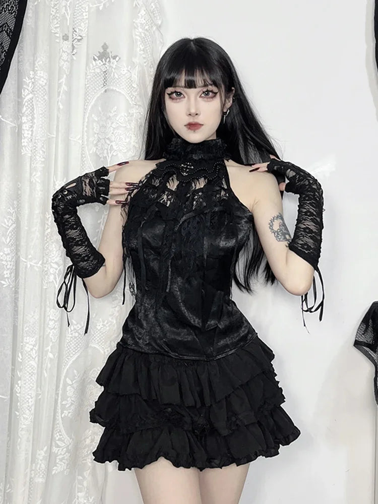 Victorian Gothic Black Lace Ribbon Vest Halter Top