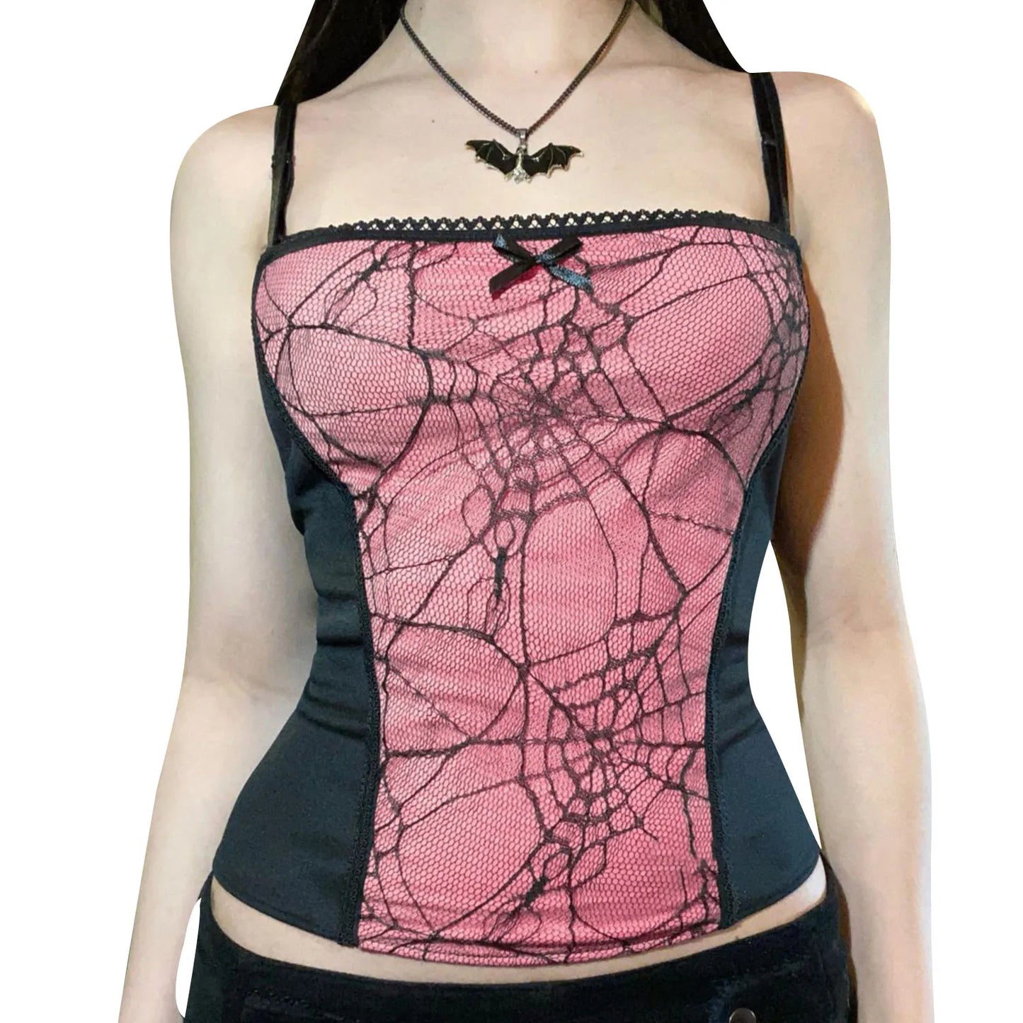 Gothic Cami Y2K Grunge Crop Top Mesh Spider Net Lace Vest