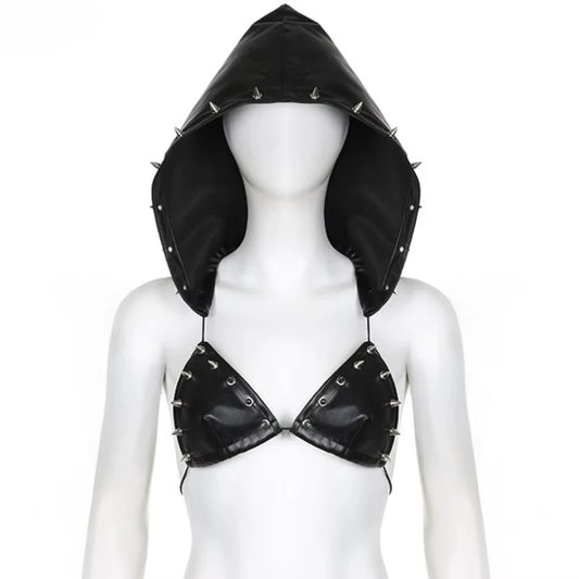 Gothic Punk Sexy Rave Spike Studded PU Leather Hooded Backless Lace Up Crop Top Bra