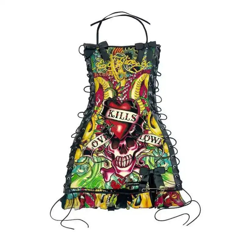 Alternative Punk Skull Printed Gothic Mini Lace Up Halter Y2k Bodycon Dress