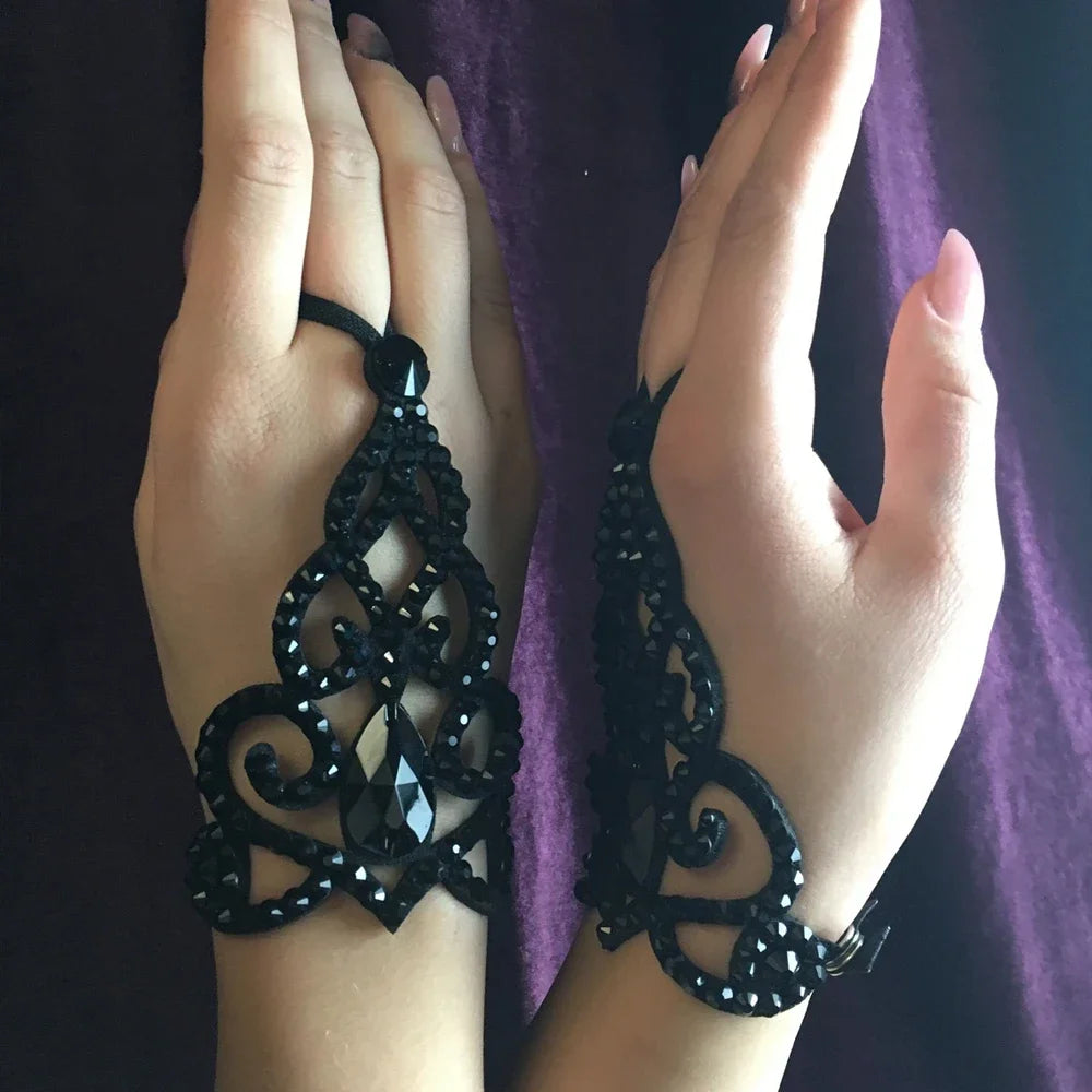 Gothic Black Crystal Bracelet Link Wrist Chain Finger Hand Jewellery