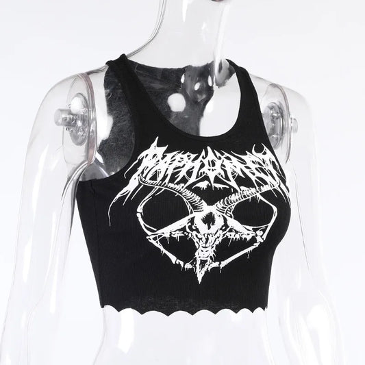 Sexy Black Gothic Print Baphomet Pagan Vest Crop Top Knit TShirt