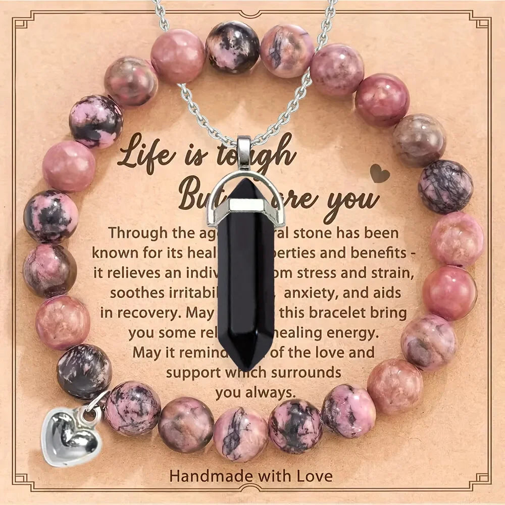 2pcs/set Amethyst Necklace Pendant and Purple Stripe Agate Bracelet with Card Gift Stress Relief & Anxiety