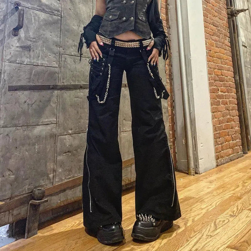 Women Pants Hip Hop Streetwear Rivet Combat Trousers Goth Dark Gothic Grunge Black Pants