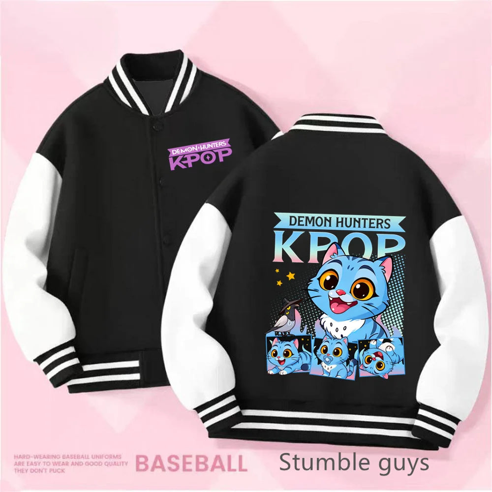Kpop Demon Hunters Baseball Varsity Jacket Kids Rumi Mira Zoey Huntrix Derpy Tiger Coat Merch Gifts