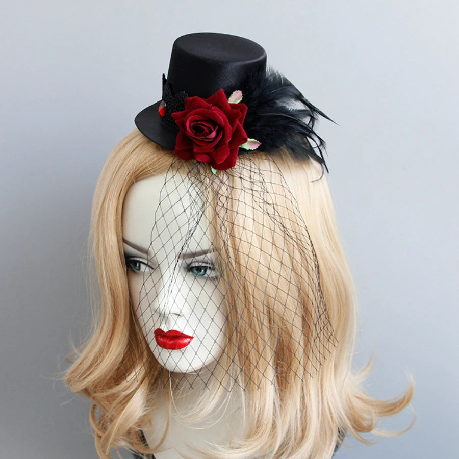 Steampunk Victorian Vampire Gothic Mini Top Hat Fascinator Black Veil Halloween Fancy Dress Costume