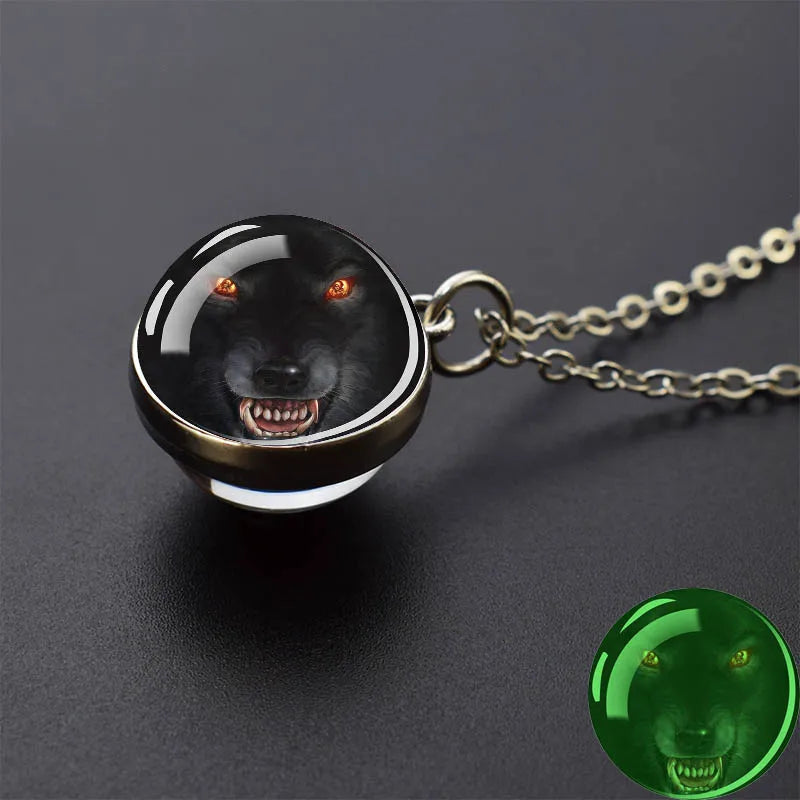 Glow in the Dark Wolf Necklaces Howling Wolf Head and Moon 2CM Glass Ball Pendant Double Sided