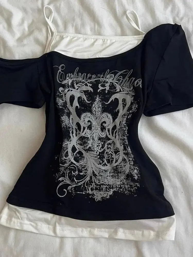Black Gothic Short Sleeve Vest 2 Layer Top Y2K Style