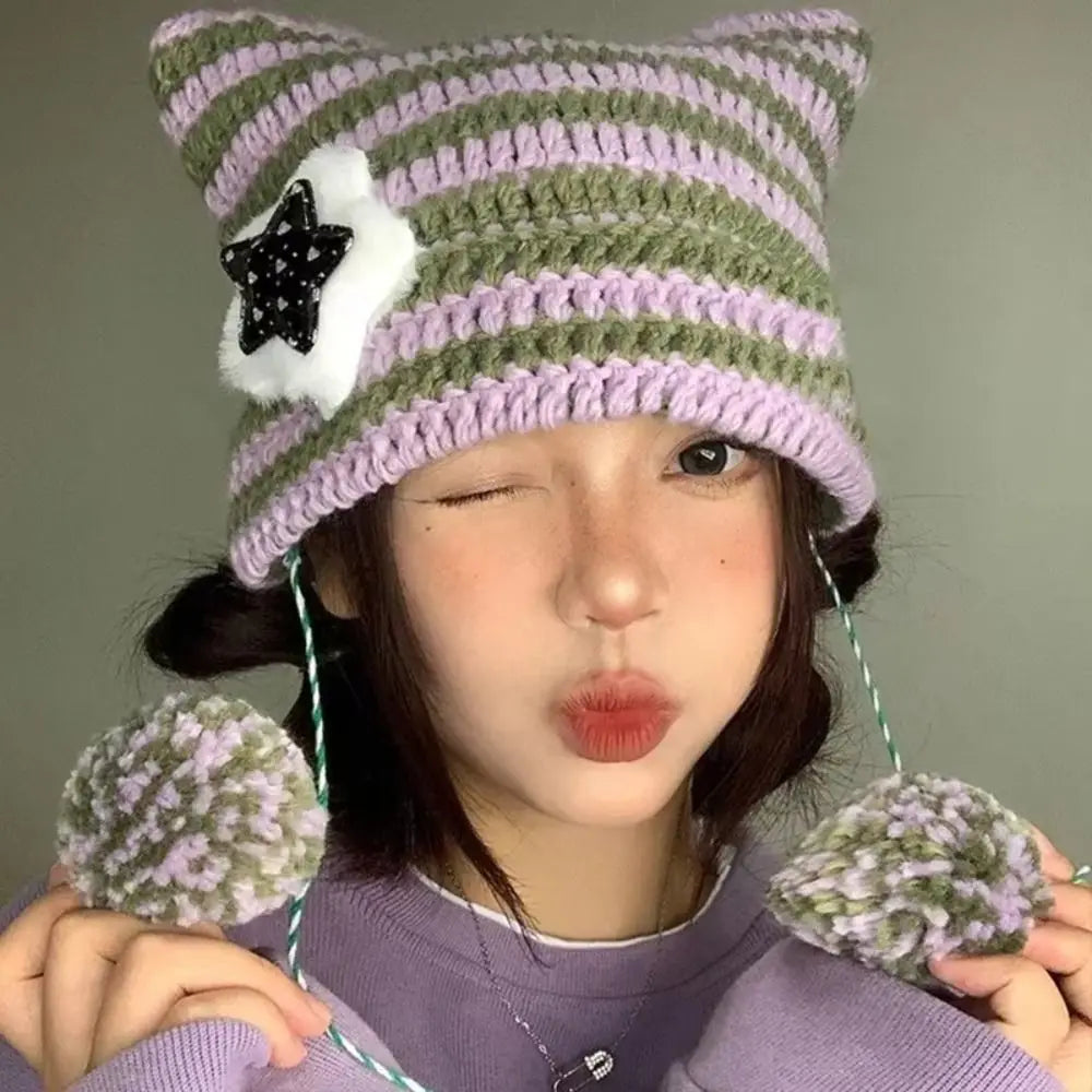 Cat Ears Pointed Striped Devil Star Knit Emo Pom Pom Beanie Hat
