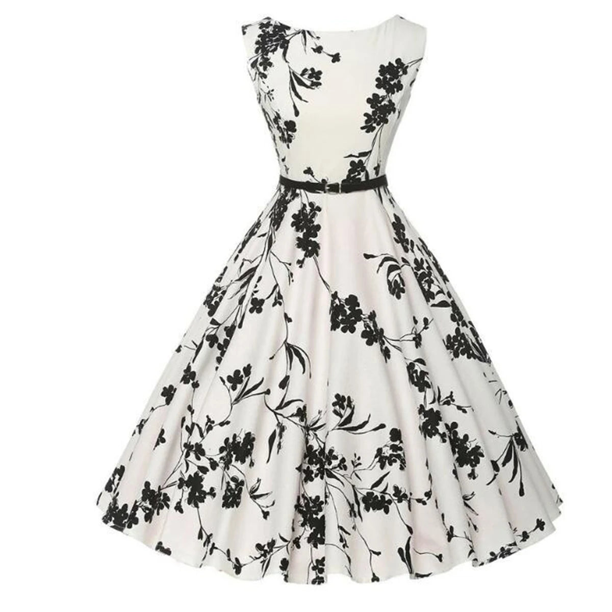 Vintage White Floral Summer Dress Swing Casual 1950s Rockabilly Dresses Flowers Party