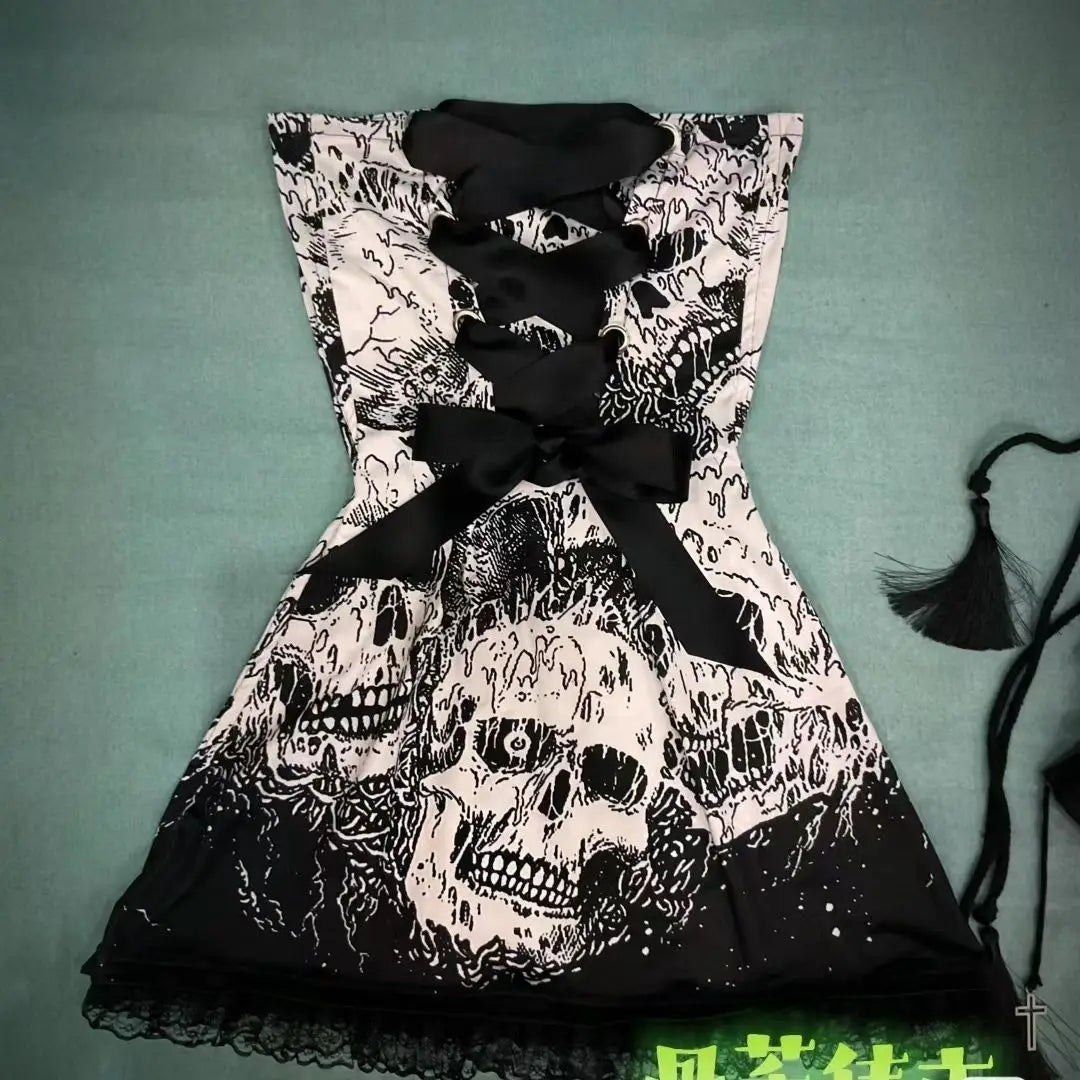 Gothic Sexy Skull Print Strapless Party Mini Dress