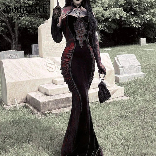 Victorian Gothic Velvet Lace Mesh Vampire Long Mermaid Dress
