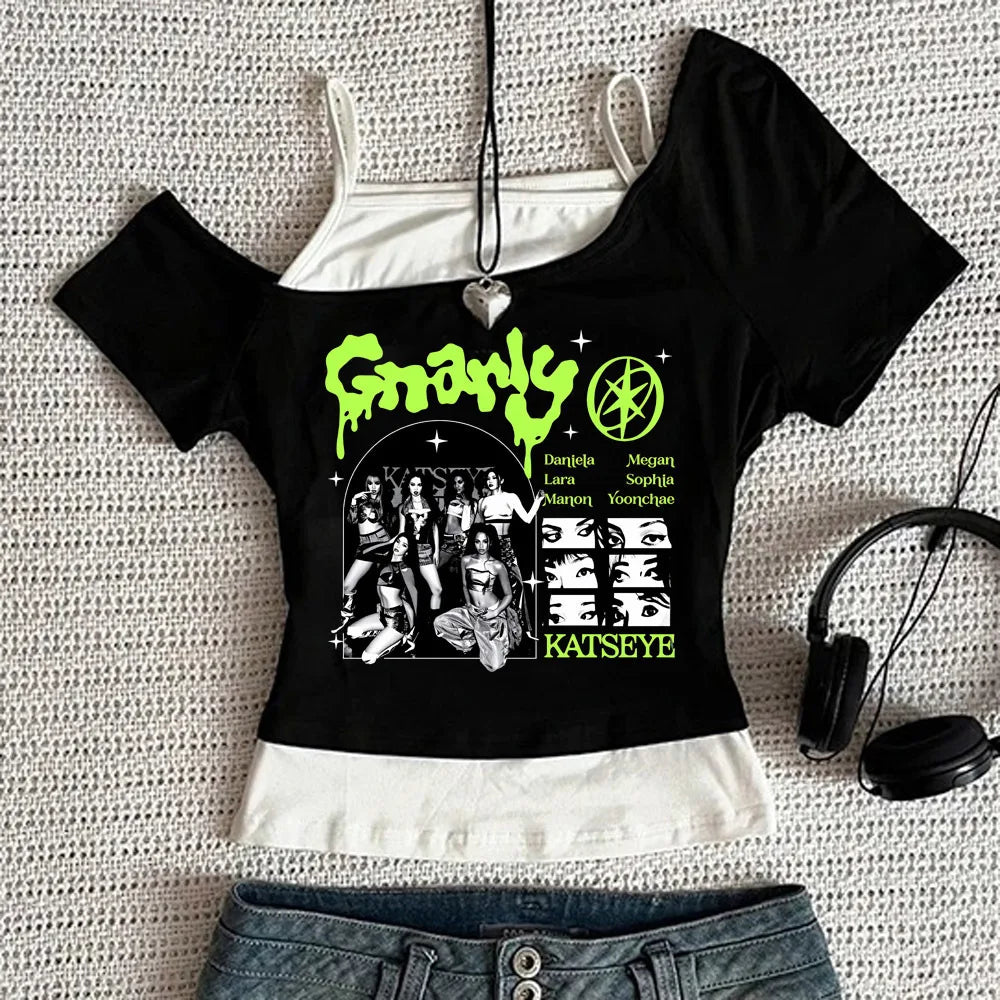 K-pop Katseye Gnarly T-shirt Y2K Crop Vest Tank Top Fan Clothes Kpop Korean Fashion