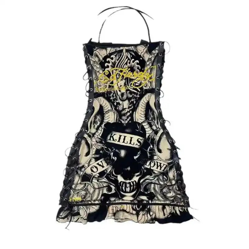 Alternative Punk Skull Printed Gothic Mini Lace Up Halter Y2k Bodycon Dress
