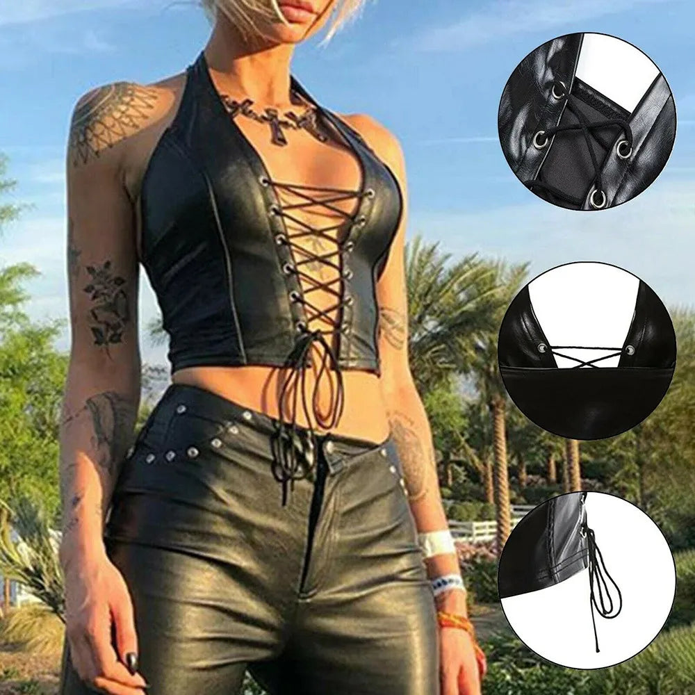 Sexy Lingerie Gothic Patent Leather Lace-Up Halter Vest Corset Top