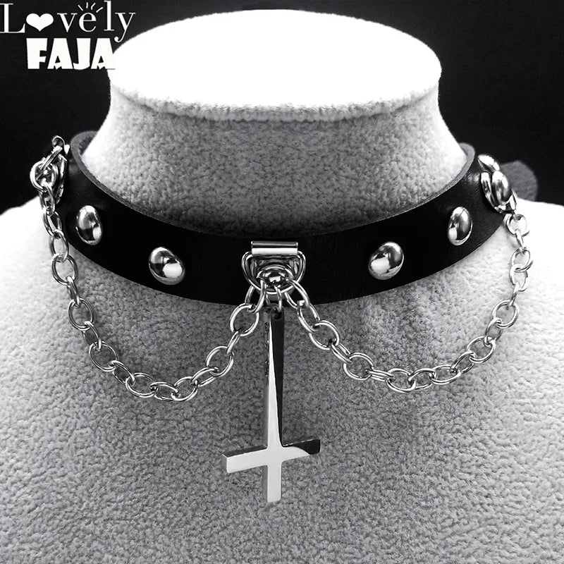 Punk Choker Gothic Satan Inverted Cross Necklace Satanic Jewellery