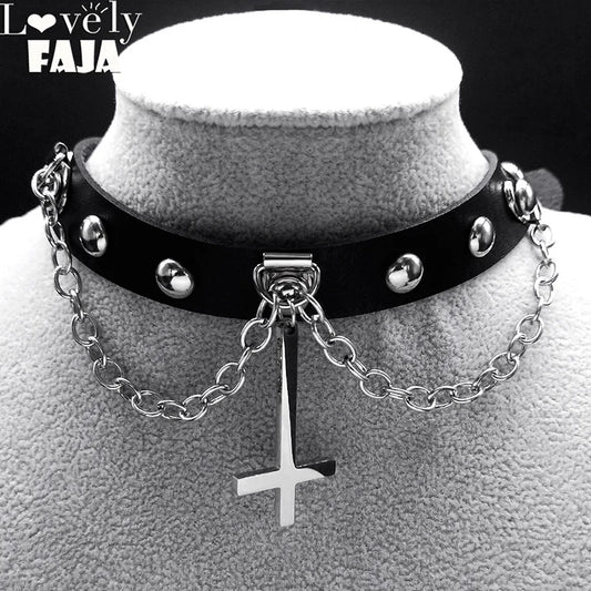 Punk Choker Gothic Satan Inverted Cross Necklace Satanic Jewellery