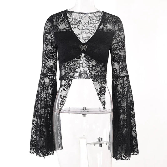 Sexy Black Gothic Lace Clubwear Y2K Top