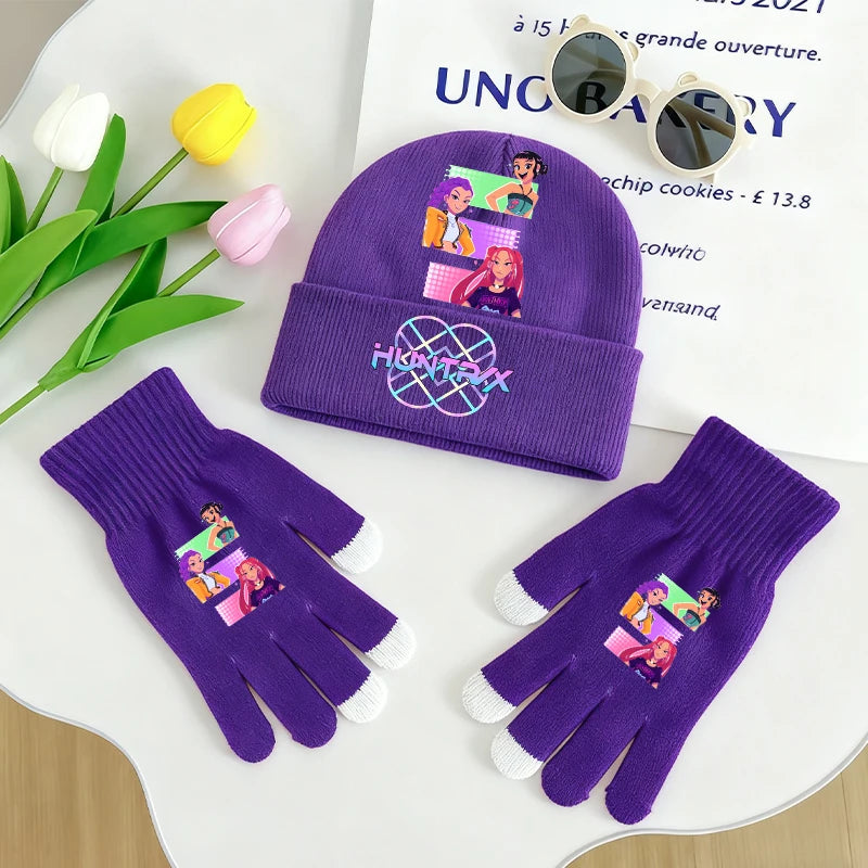 KPop Demon Hunters Knitted Hats Gloves 2pcs Set Huntrix Clothes Gifts