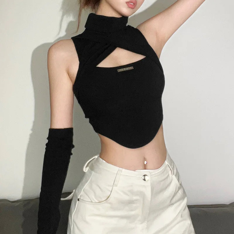 Black Gothic Turtleneck Y2K Crop Top Arm Warmers