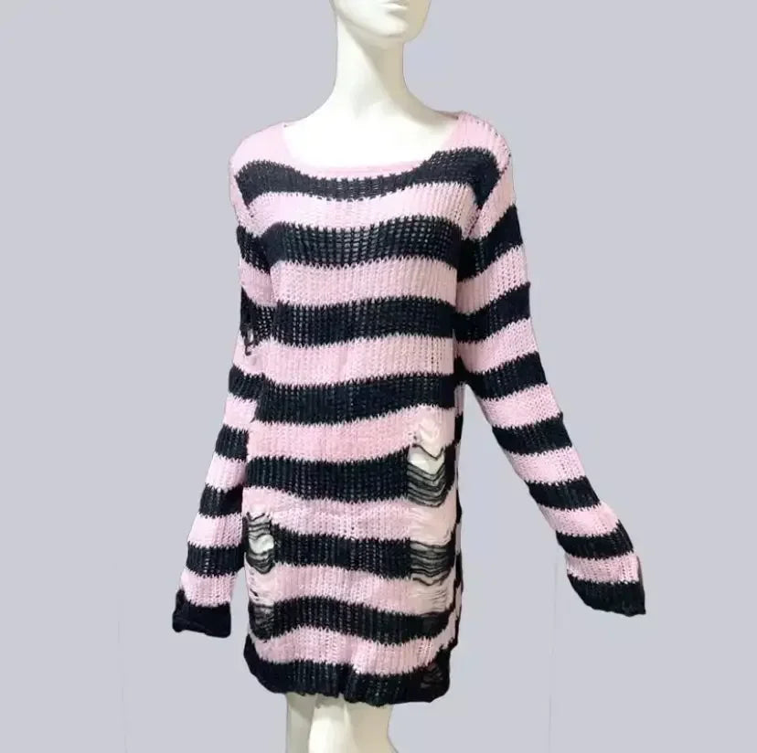 Pink White Punk Gothic Long Unisex Sweater Striped Jumper