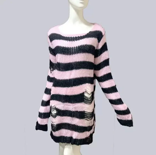 Punk Gothic Long Light Pink Black Striped Ripped Jumper Loose Knit Sweater