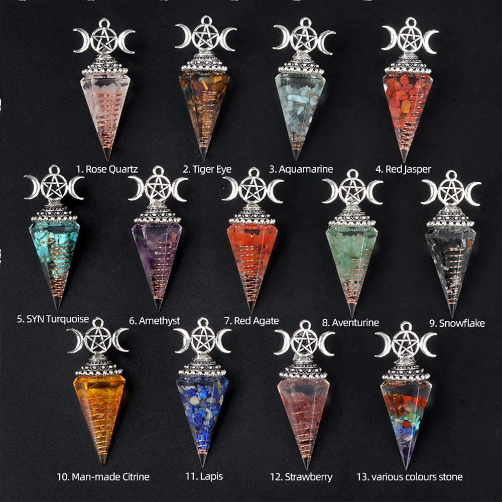 Natural Stone Crystal Reiki Pendulum Three Phases Moon Hexagonal Cone Amethysts Charms