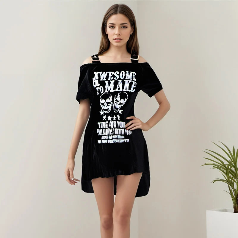 Gothic Black Skull Buckle Strap Mini Dress TShirt Long Top