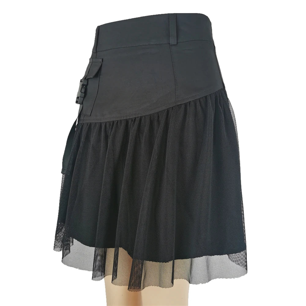 Black Punk Gothic Pleated Net Tulle Pockets Skirt