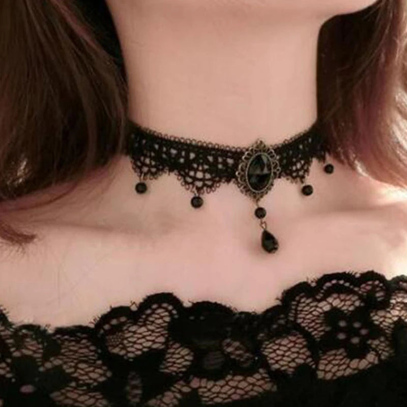 Gothic Chokers Crystal Black Lace Collar Necklace Vintage Victorian