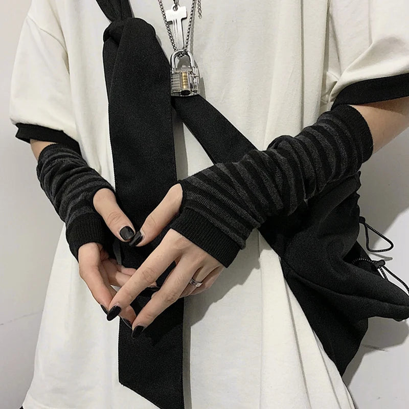 Black White Striped Arm Warmers Emo Punk Long Fingerless Gloves