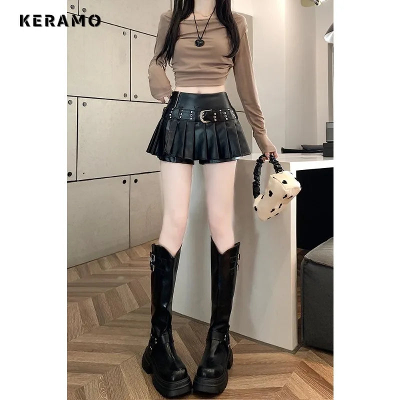 Sexy Black PU Leather Pleated Mini Skirt Skort Clubwear